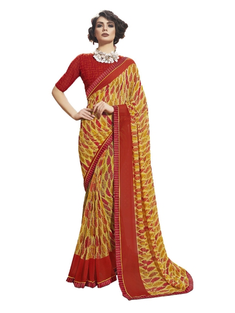 

UNITED LIBERTY Yellow & Red Printed Saree
