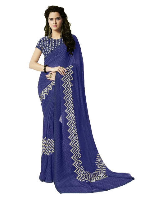 

UNITED LIBERTY Navy Blue & Beige Printed Saree