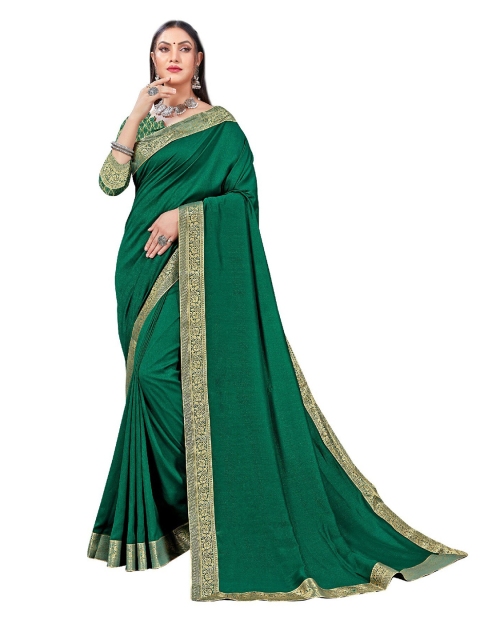 

UNITED LIBERTY Green & Golden Floral Art Silk Block Print Saree