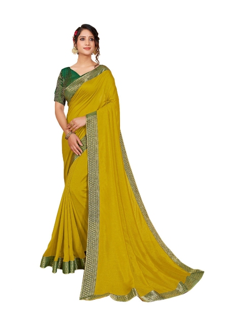 

UNITED LIBERTY Olive Green & Green Art Silk Block Print Saree