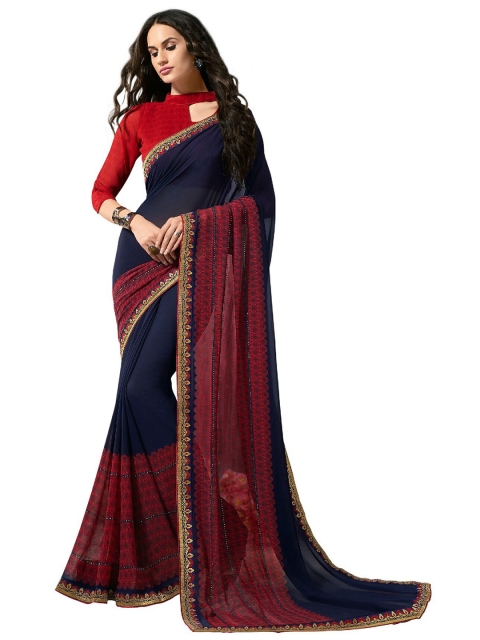

UNITED LIBERTY Navy Blue & Red Art Silk Saree