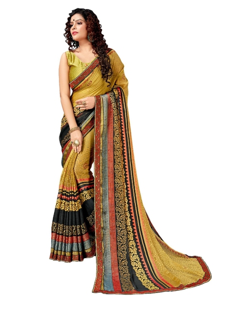 

UNITED LIBERTY Olive Green & Orange Art Silk Block Print Saree