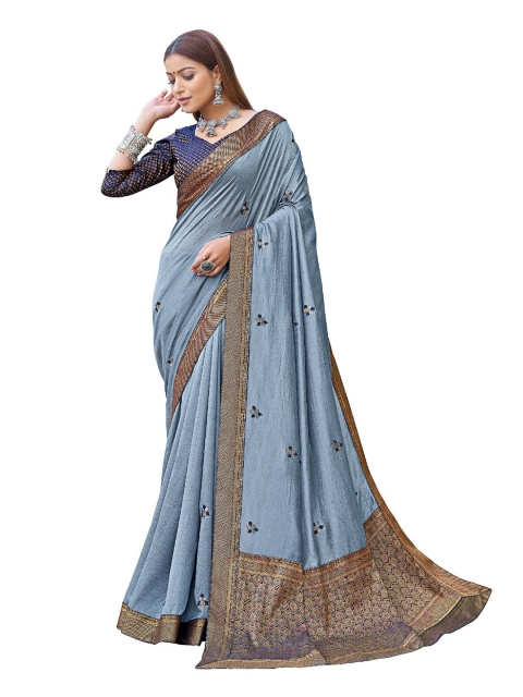 

UNITED LIBERTY Grey & Gold-Toned Floral Art Silk Block Print Saree