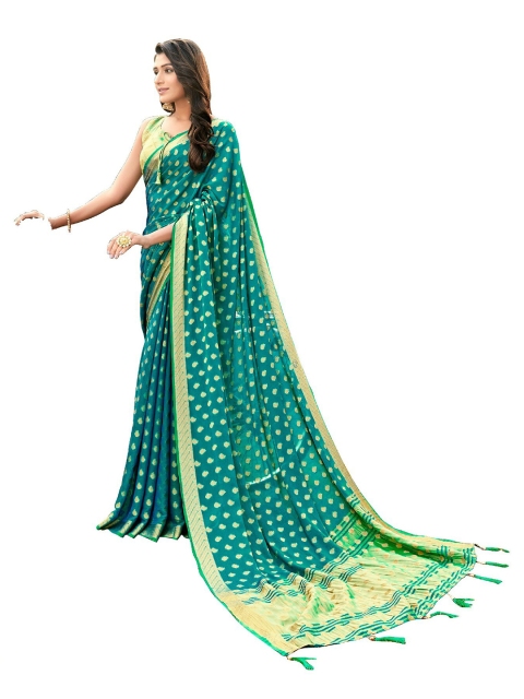 

UNITED LIBERTY Teal & Gold-Toned Woven Design Block Print Saree