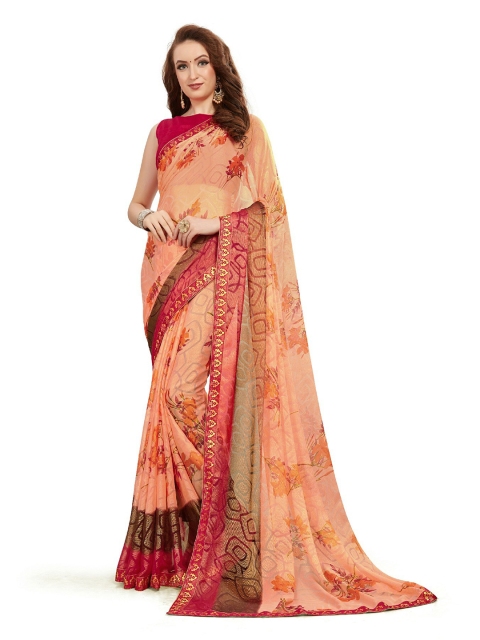 

UNITED LIBERTY Peach-Coloured & Red Floral Zari Art Silk Saree