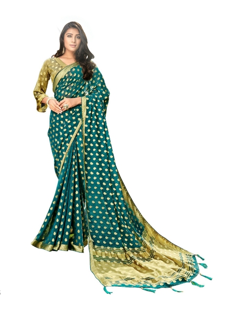 

UNITED LIBERTY Teal Blue & Golden Ethnic Motifs Zari Block Print Saree
