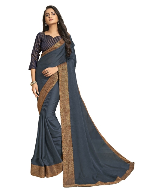 

UNITED LIBERTY Grey & Gold-Toned Art Silk Block Print Saree