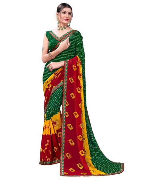 

UNITED LIBERTY Green & Red Leheriya Block Print Saree