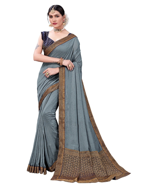 

UNITED LIBERTY Grey & Navy Blue Zari Art Silk Block Print Saree