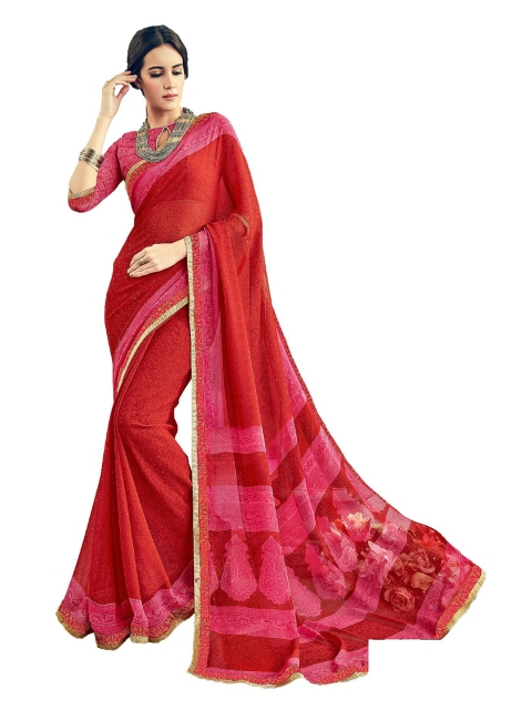 

UNITED LIBERTY Red & Pink Ethnic Motifs Zari Block Print Saree