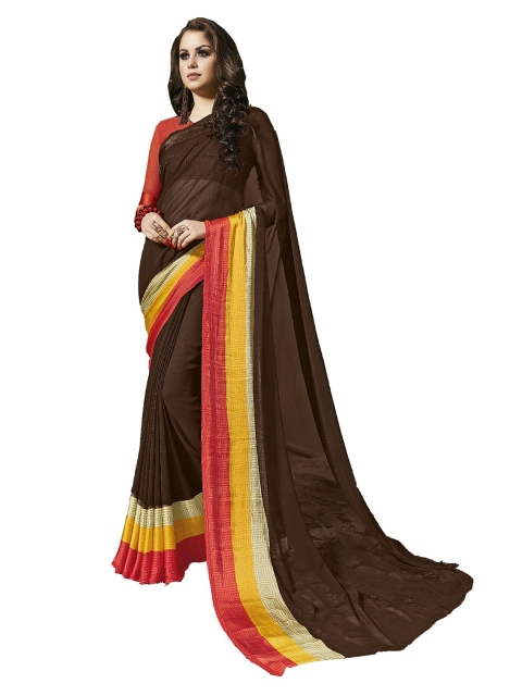 

UNITED LIBERTY Coffee Brown & Red Art Silk Block Print Saree