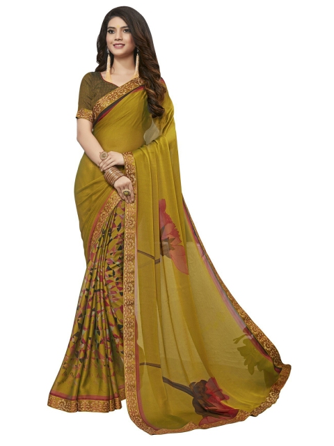 

UNITED LIBERTY Olive Green & Red Floral Art Silk Block Print Saree