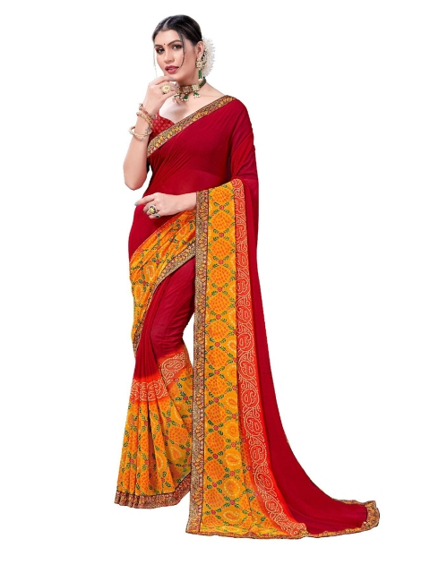 

UNITED LIBERTY Yellow & Red Block Print Saree