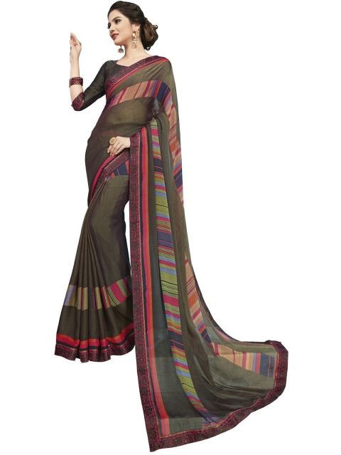 

UNITED LIBERTY Grey & Pink Art Silk Block Print Saree