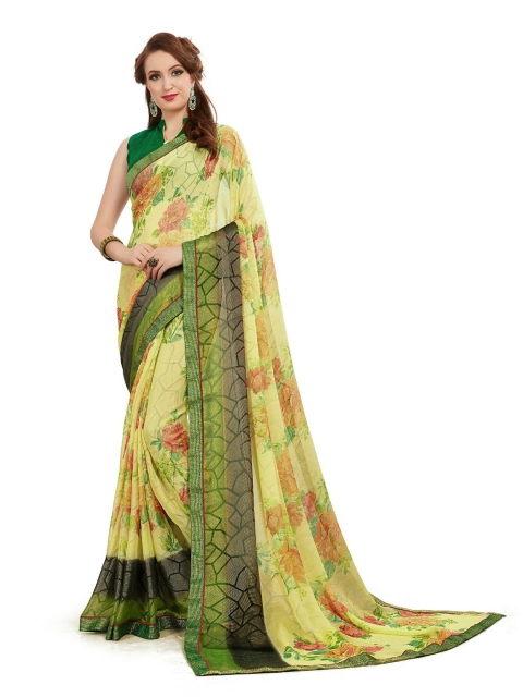 

UNITED LIBERTY Green & Yellow Floral Art Silk Block Print Saree