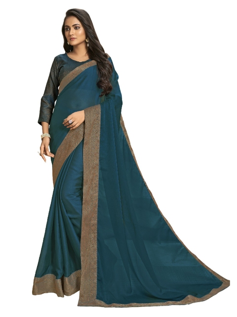 

UNITED LIBERTY Blue Ethnic Motifs Art Silk Block Print Saree