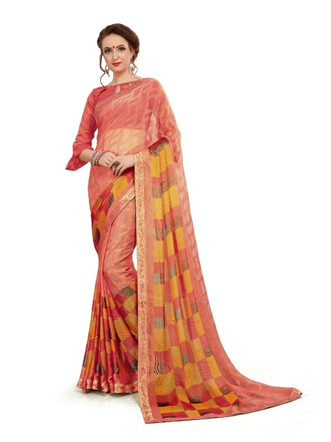 

UNITED LIBERTY Peach-Coloured & Yellow Zari Art Silk Block Print Saree