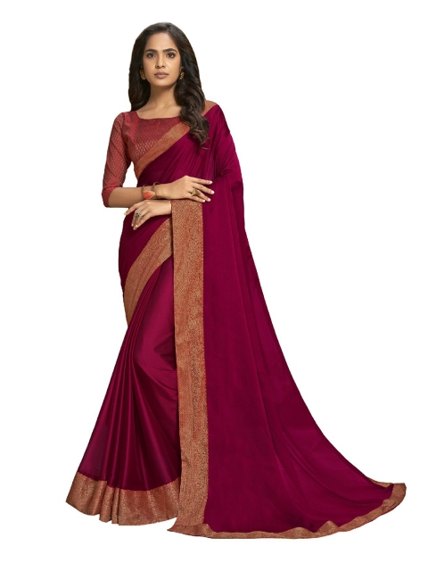 

UNITED LIBERTY Maroon & Gold-Toned Woven Design Art Silk Block Print Saree