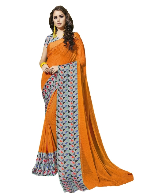 

UNITED LIBERTY Orange & Black Art Silk Block Print Saree