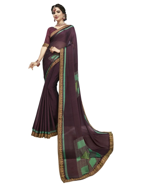 

UNITED LIBERTY Purple & Green Zari Art Silk Block Print Saree