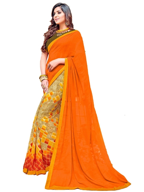 

UNITED LIBERTY Orange & Red Block Print Saree