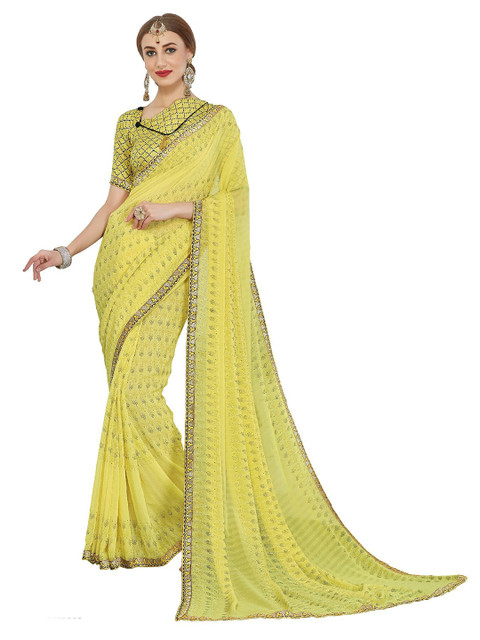 

UNITED LIBERTY Lime Green & Silver-Toned Woven Design Block Print Saree