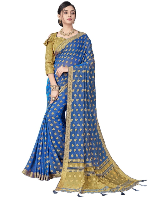 

UNITED LIBERTY Blue & Gold-Toned Ethnic Motifs Zari Saree
