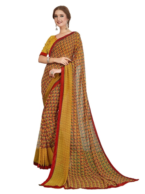 

UNITED LIBERTY Mustard & Red Ethnic Motifs Block Print Saree