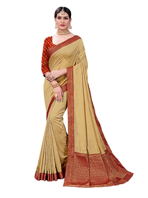 

UNITED LIBERTY Cream-Coloured & Red Zari Art Silk Block Print Saree