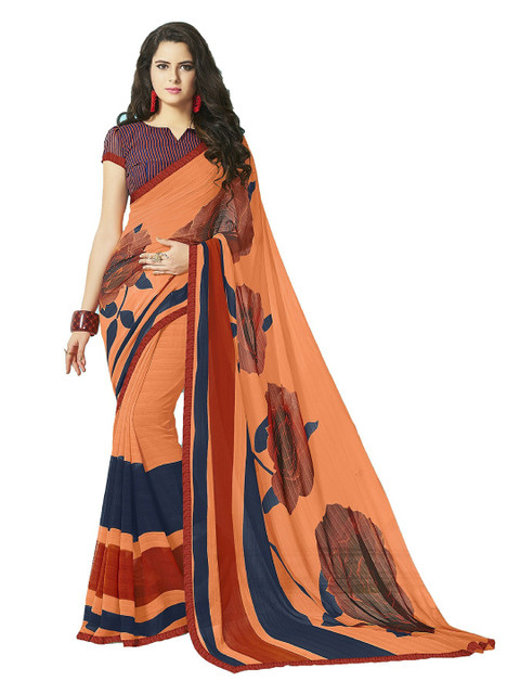 

UNITED LIBERTY Peach-Coloured & Navy Blue Floral Block Print Saree