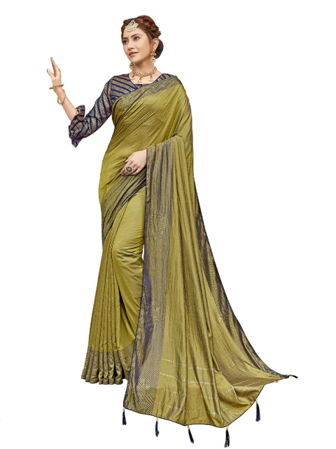 

UNITED LIBERTY Olive Green & Blue Woven Design Beads and Stones Art Silk Saree