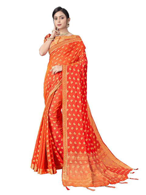 

UNITED LIBERTY Orange & Gold-Toned Woven Design Block Print Saree