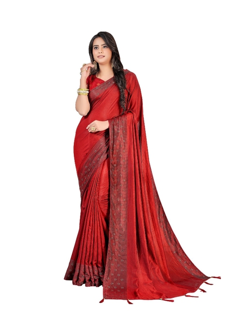 

UNITED LIBERTY Red Beads and Stones Art Silk Block Print Saree