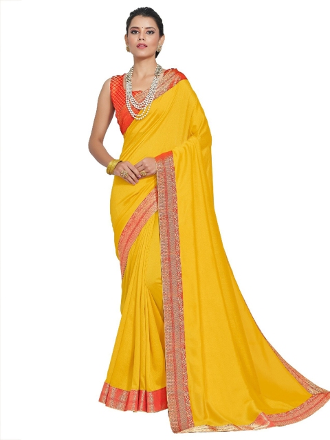 

UNITED LIBERTY Yellow & Red Woven Design Art Silk Block Print Saree