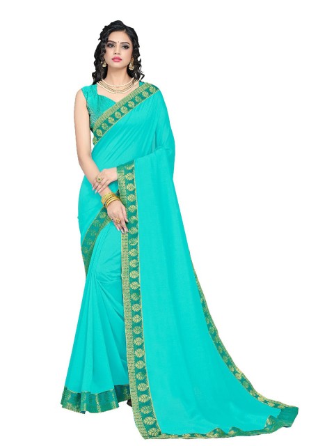 

UNITED LIBERTY Turquoise Blue & Green Zari Art Silk Block Print Saree