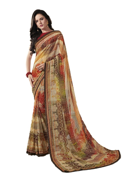 

UNITED LIBERTY Coffee Brown & Red Block Print Saree