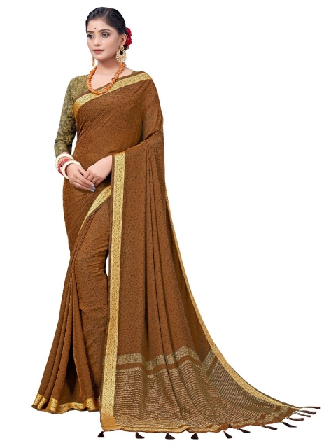 

UNITED LIBERTY Brown & Golden Floral Art Silk Block Print Saree