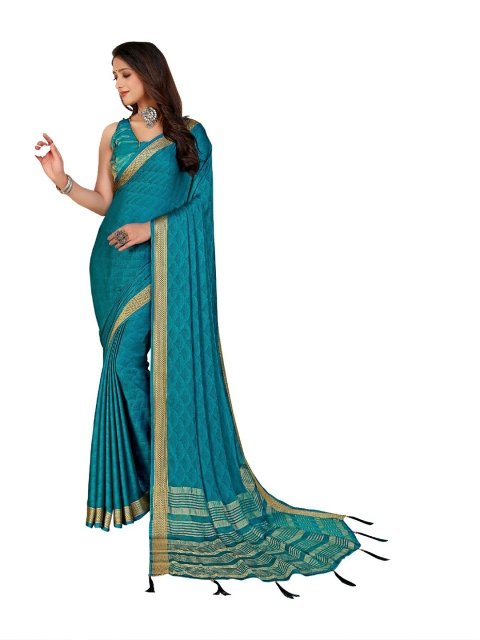 

UNITED LIBERTY Turquoise Blue & Gold-Toned Zari Art Silk Block Print Saree