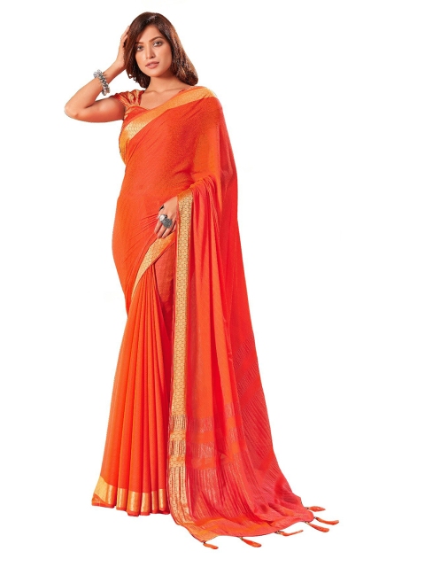 

UNITED LIBERTY Orange Ethnic Motifs Zari Art Silk Block Print Saree