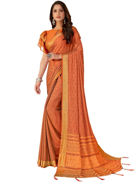 

UNITED LIBERTY Brown & Gold-Toned Zari Art Silk Block Print Saree