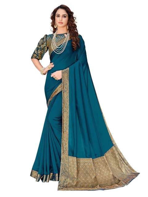 

UNITED LIBERTY Teal Woven Design Art Silk Block Print Saree