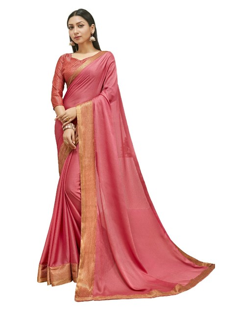 

UNITED LIBERTY Pink & Gold-Toned Art Silk Block Print Saree
