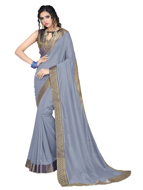

UNITED LIBERTY Grey & Gold-Toned Art Silk Block Print Saree