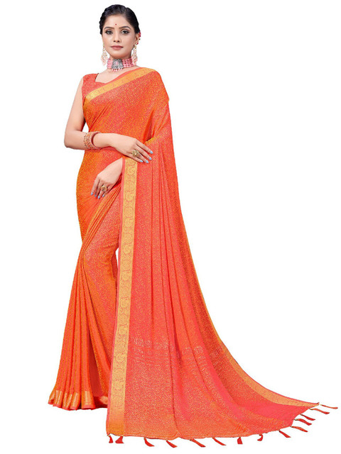 

UNITED LIBERTY Orange & Golden Ethnic Motifs Art Silk Block Print Saree