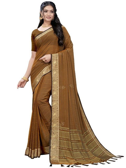 

UNITED LIBERTY Brown & Gold-Toned Beads and Stones Block Print Saree