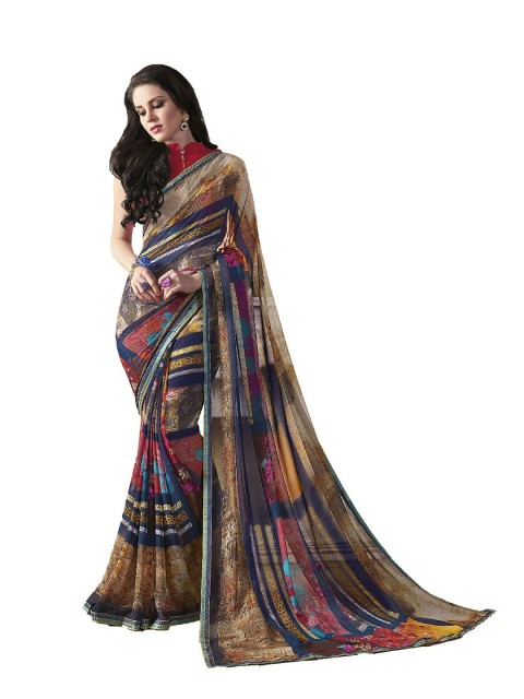 

UNITED LIBERTY Blue & Red Floral Block Print Saree