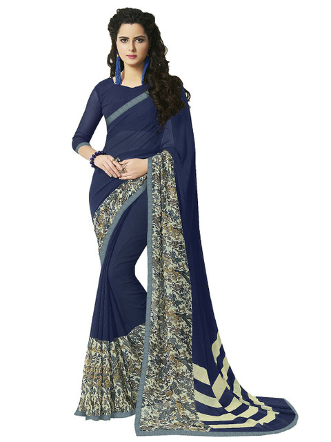 

UNITED LIBERTY Blue & Beige Floral Printed Saree