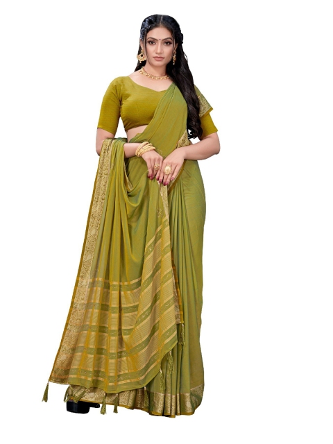 

UNITED LIBERTY Olive Green & Golden Ethnic Motifs Zari Block Print Saree