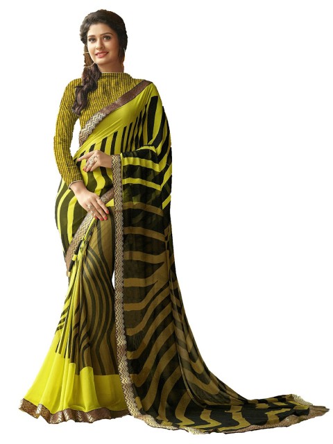 

UNITED LIBERTY Black & Green Striped Saree
