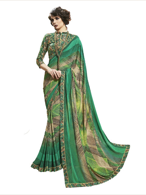 

UNITED LIBERTY Green & Beige Abstract Block Print Saree